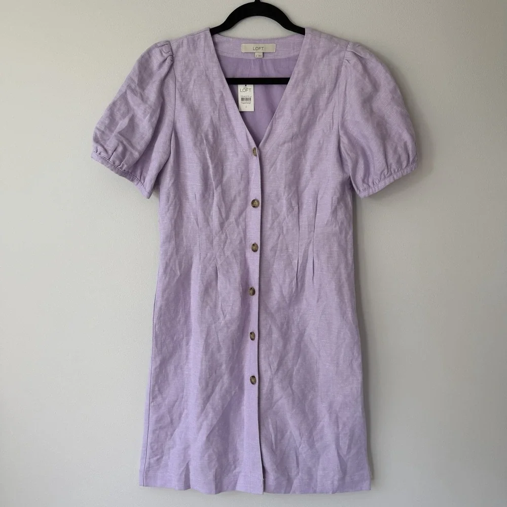 Loft Dresses | Nwt Loft Linen Dress Purple Lilac Puff Sleeve Button Preppy Tradwife Size 2 | Color: Purple | Size: 2 | Googico's Closet Loft Dresses | Nwt Loft Linen Dress Purple Lilac Puff Sleeve Button Preppy Tradwife Size 2 | Color: Purple | Size: 2 | Googico's Closet